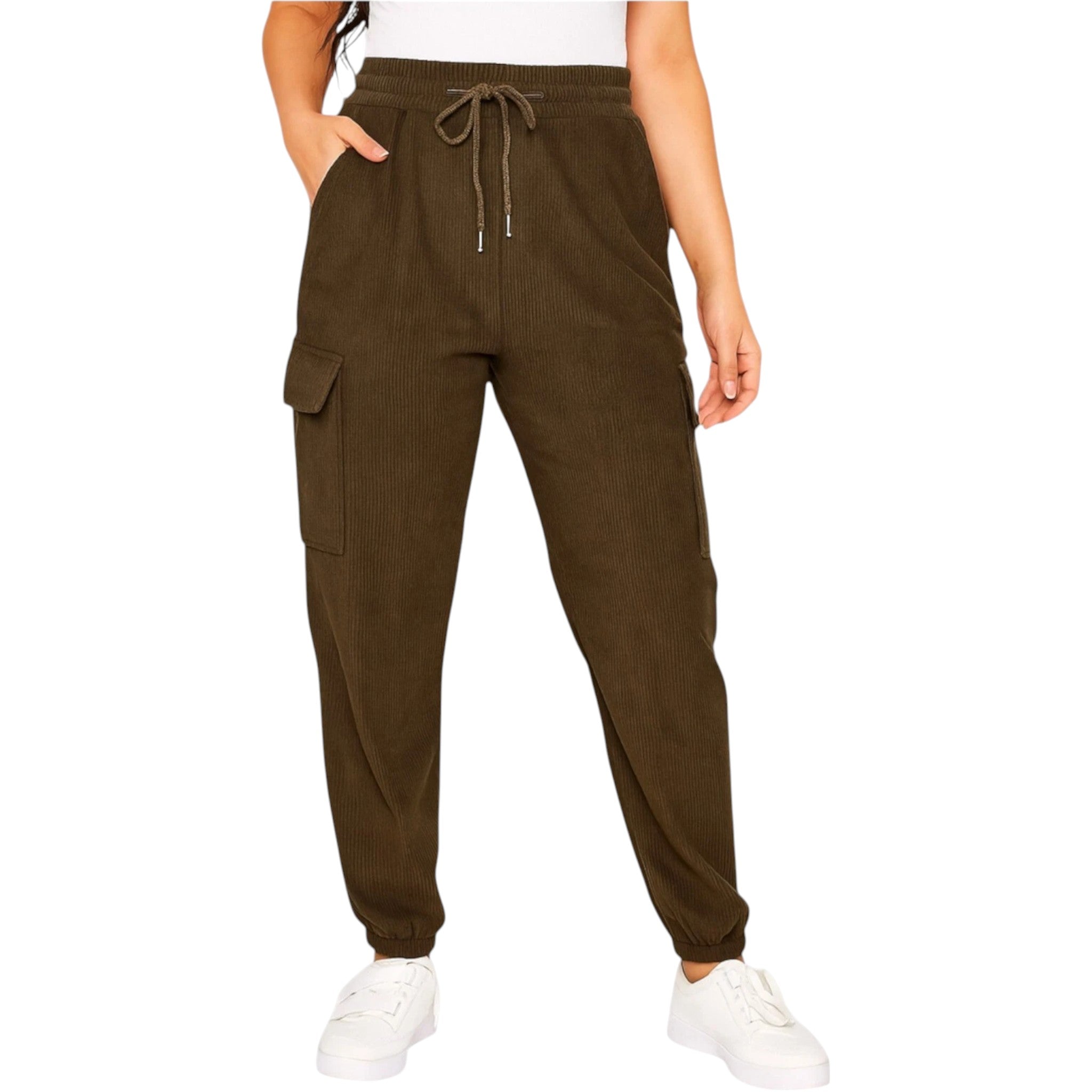 Ladies brown cord cargo joggers with pockets – casual relaxed fit